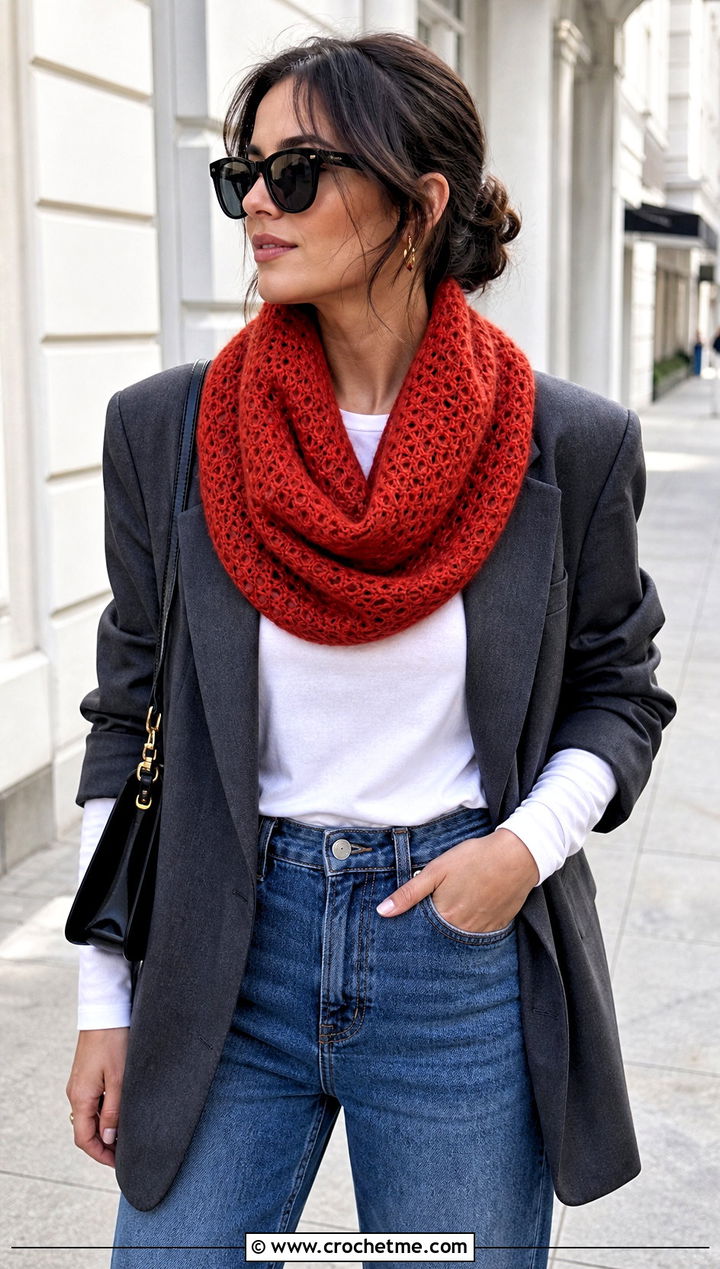 Cowl Crochet Mohair Scarf With Blazer And Jeans - 30 crochet mohair scarf outfit ideas