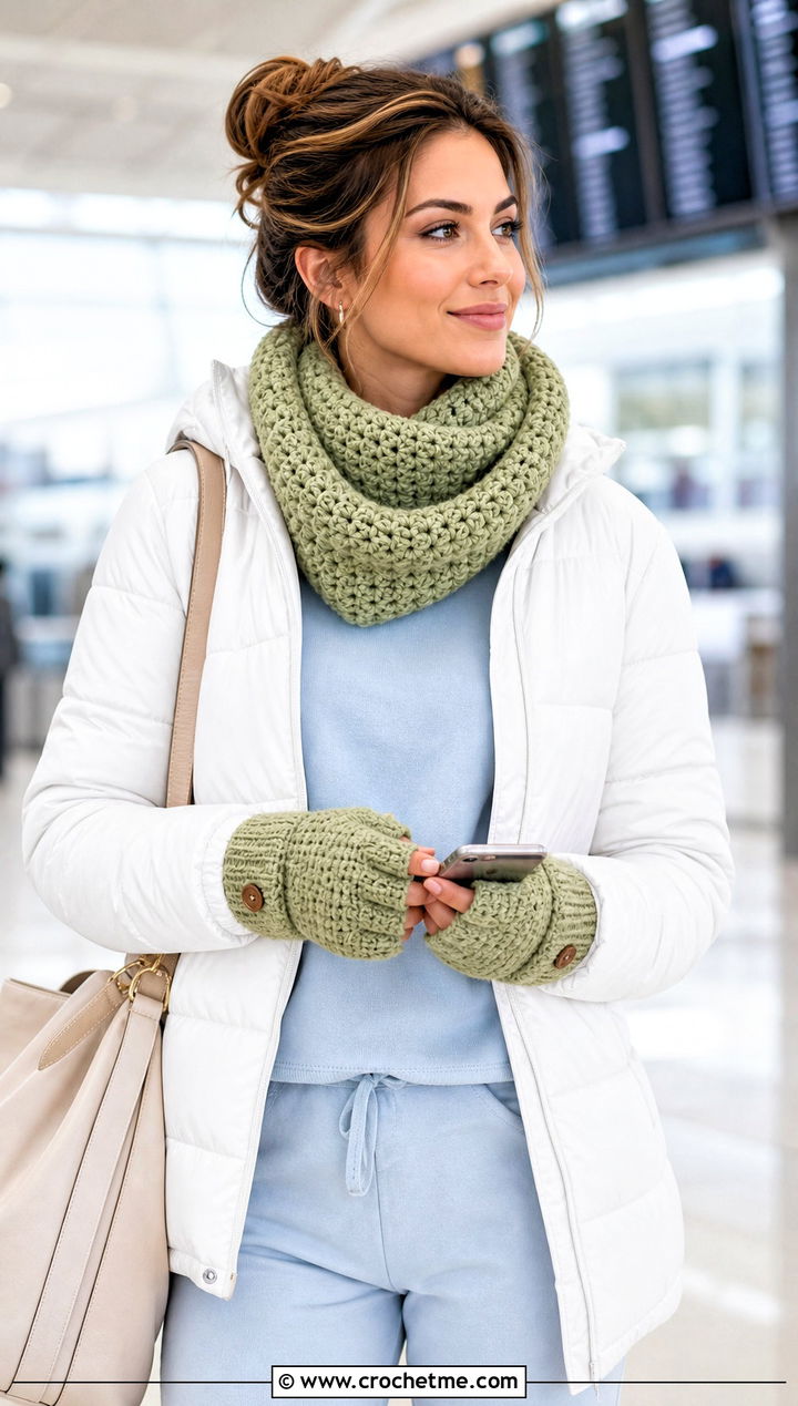 Cowl Crochet Scarf And Fold Over Mittens With Airport Outfit - 15 Crochet Scarf And Mittens Set outfit ideas