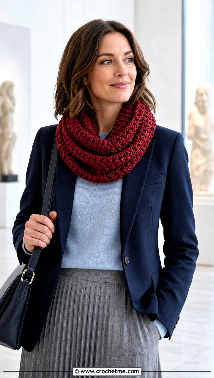 Cowl Crochet Scarf With Blazer And Midi Skirt - 25 Quick And Easy Crochet Scarf outfit ideas