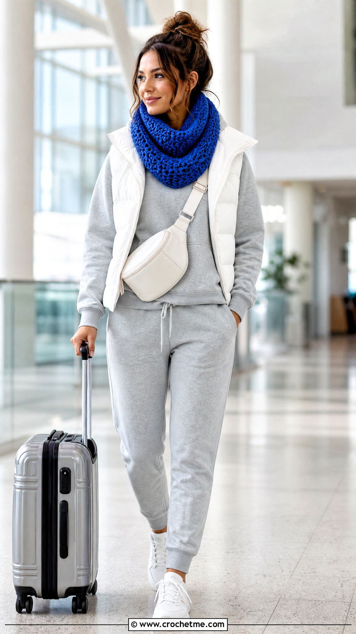 Cowl Crochet Scarf With Hoodie And Joggers - 35 easy crochet scarf outfit ideas