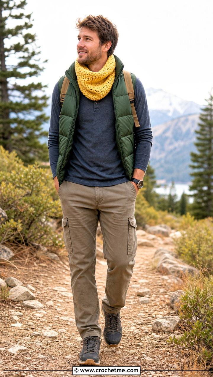 Cowl Crochet Scarf With Puffer Vest - 35 men crochet scarf outfit ideas