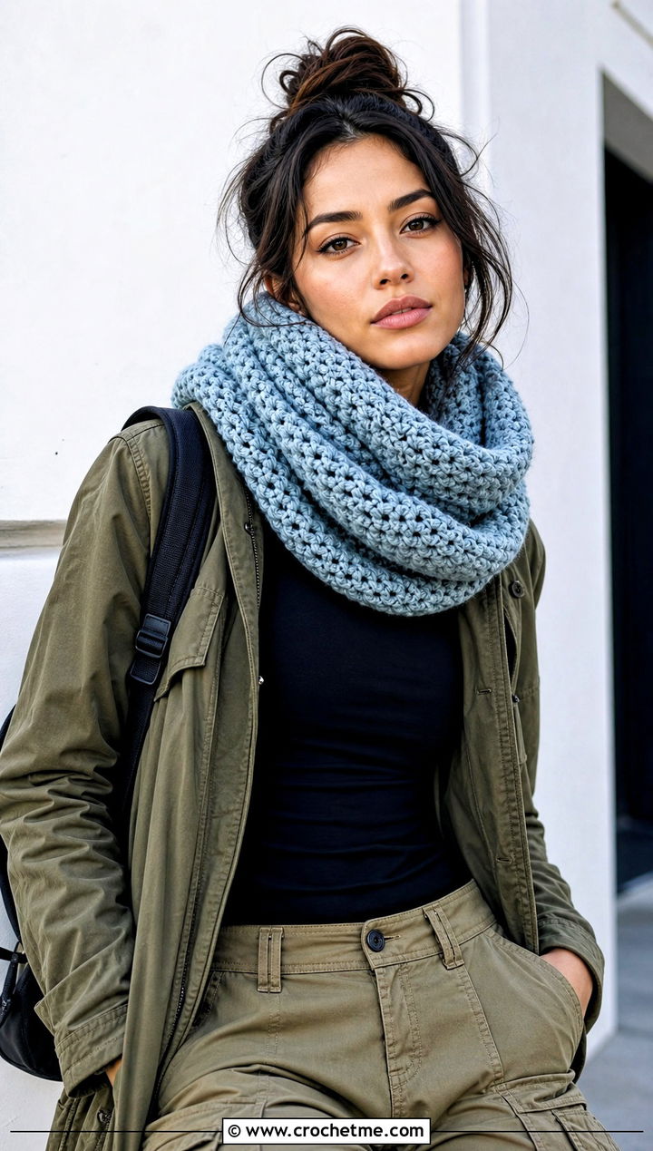 Cowl Crochet Scarf With Utility Jacket And Cargo Pants - 20 Beginner Crochet Projects Scarf outfit ideas