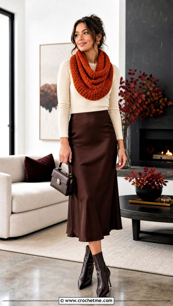 Cowl Double Crochet Scarf With Satin Skirt And Knit Top - 35 double crochet scarf outfit ideas