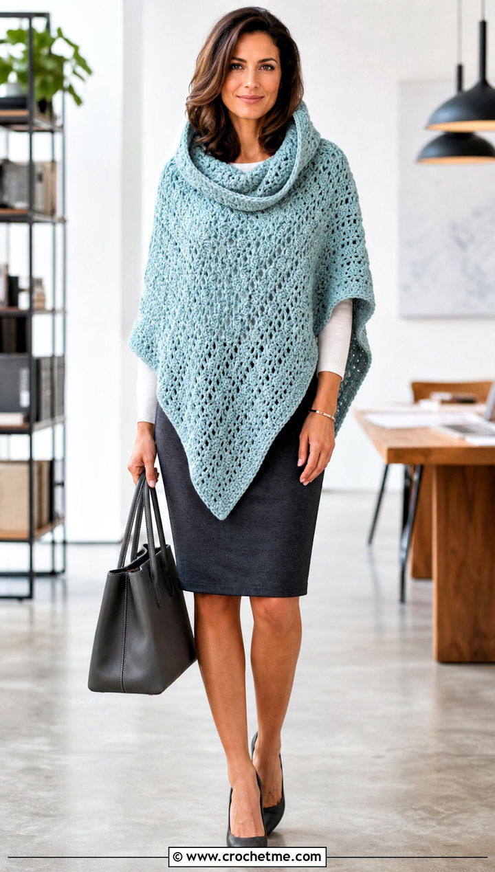 Cowl Hood Crochet Poncho With Hood And Pencil Skirt - 35 crochet poncho with hood outfit ideas