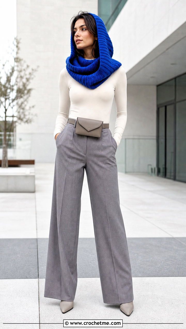 Cowl Hood Crochet Turtleneck Hoodie With Wide Leg Trousers - 35 crochet turtleneck hoodie outfit ideas