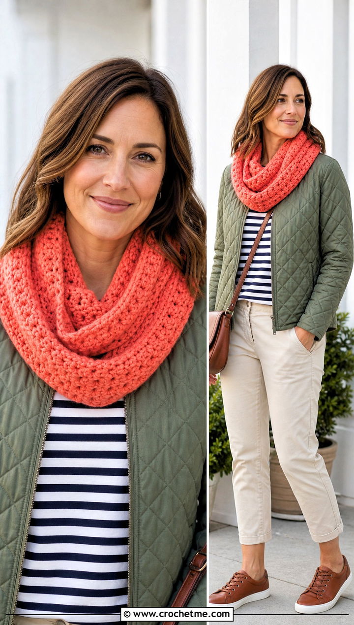 Cowl Length Infinity Scarf With Quilted Jacket - 15 One Skein Crochet Infinity Scarf outfit ideas