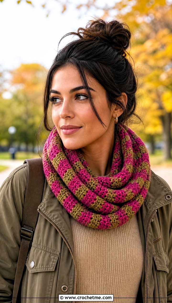 Cowl Mosaic Crochet Scarf With Utility Jacket - 25 Mosaic Crochet Scarf outfit ideas