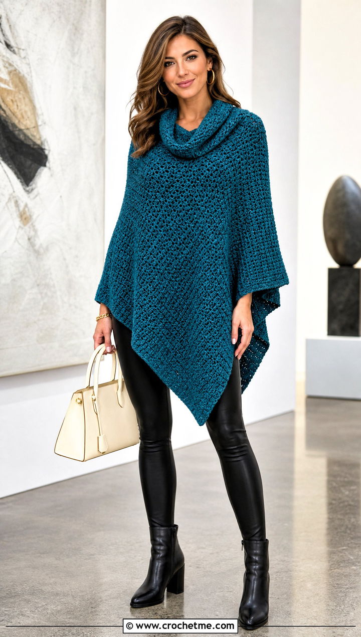 Cowl Neck Asymmetrical Crochet Poncho With Leather Leggings - 25 Asymmetrical Crochet Poncho outfit ideas
