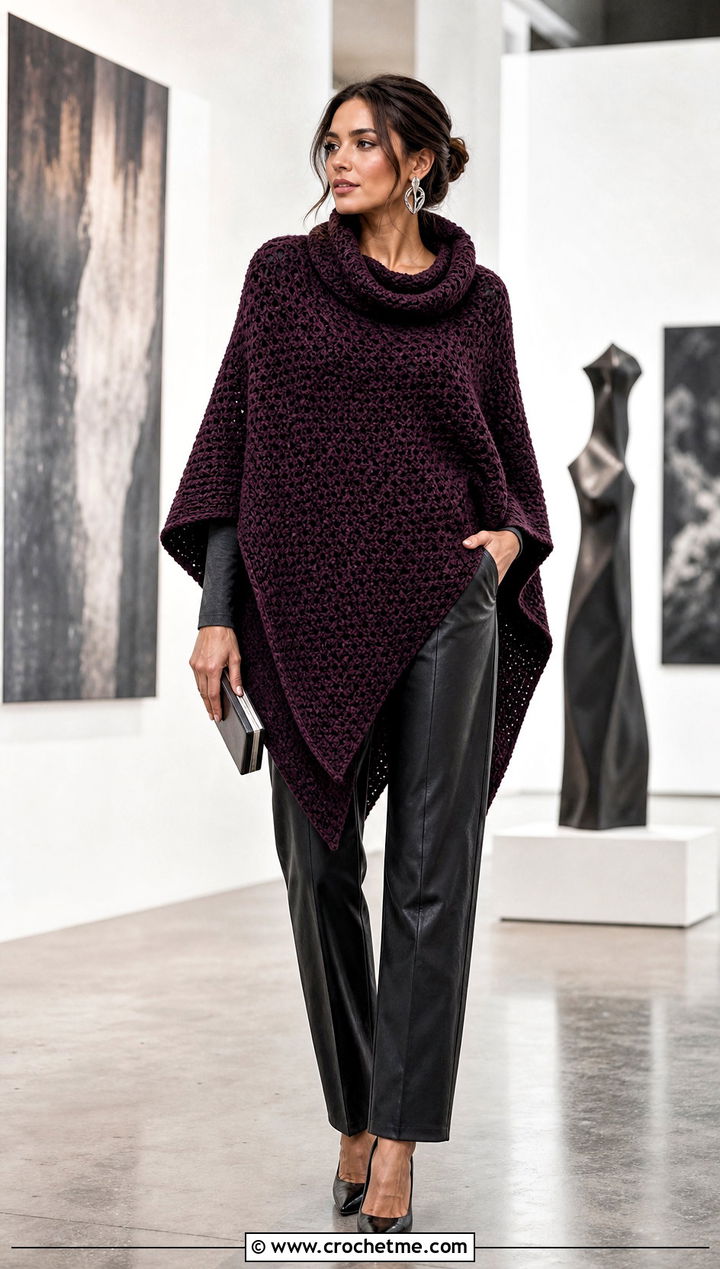 Cowl Neck Blanket Crochet Poncho With Leather Pants - 15 Blanket Crochet Poncho outfit ideas