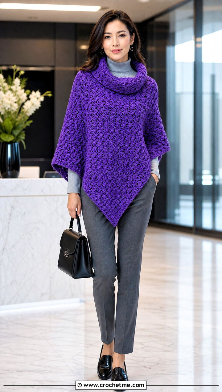 Cowl Neck C C Poncho With Cigarette Pants - 15 Crochet C2C Poncho outfit ideas