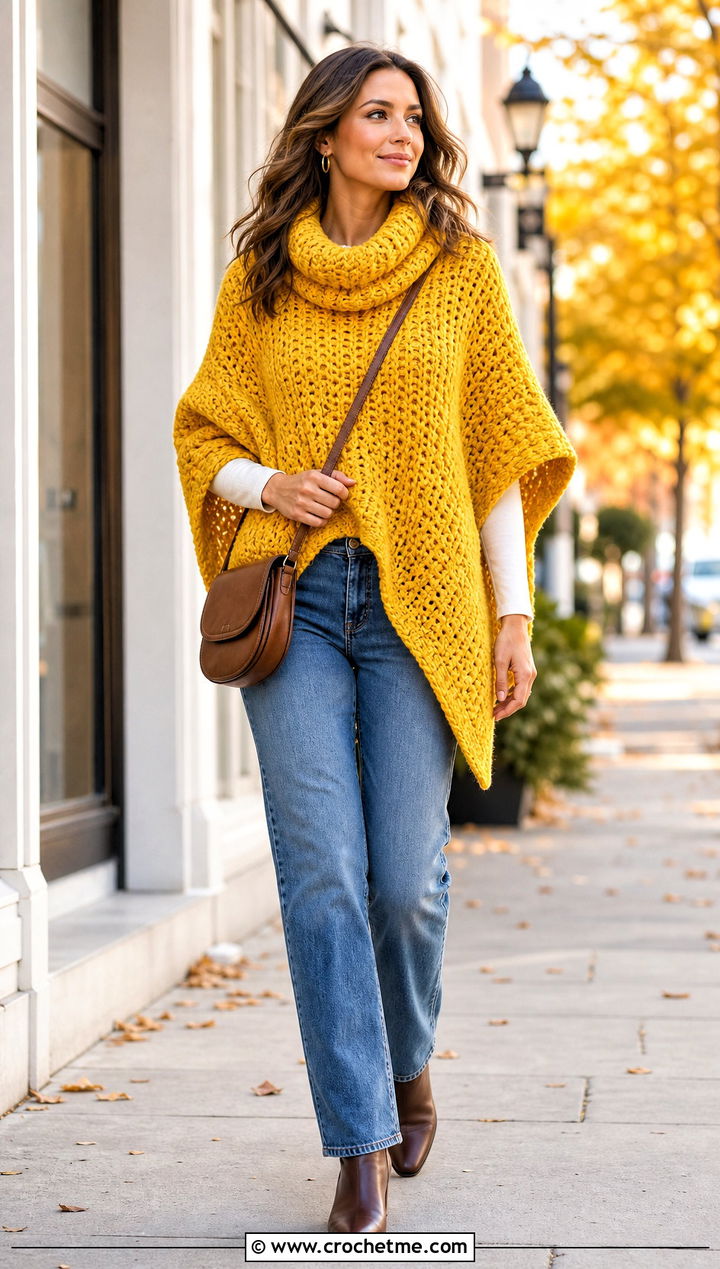 Cowl Neck Chunky Crochet Poncho With Straight Jeans - 25 Chunky Yarn Crochet Poncho outfit ideas