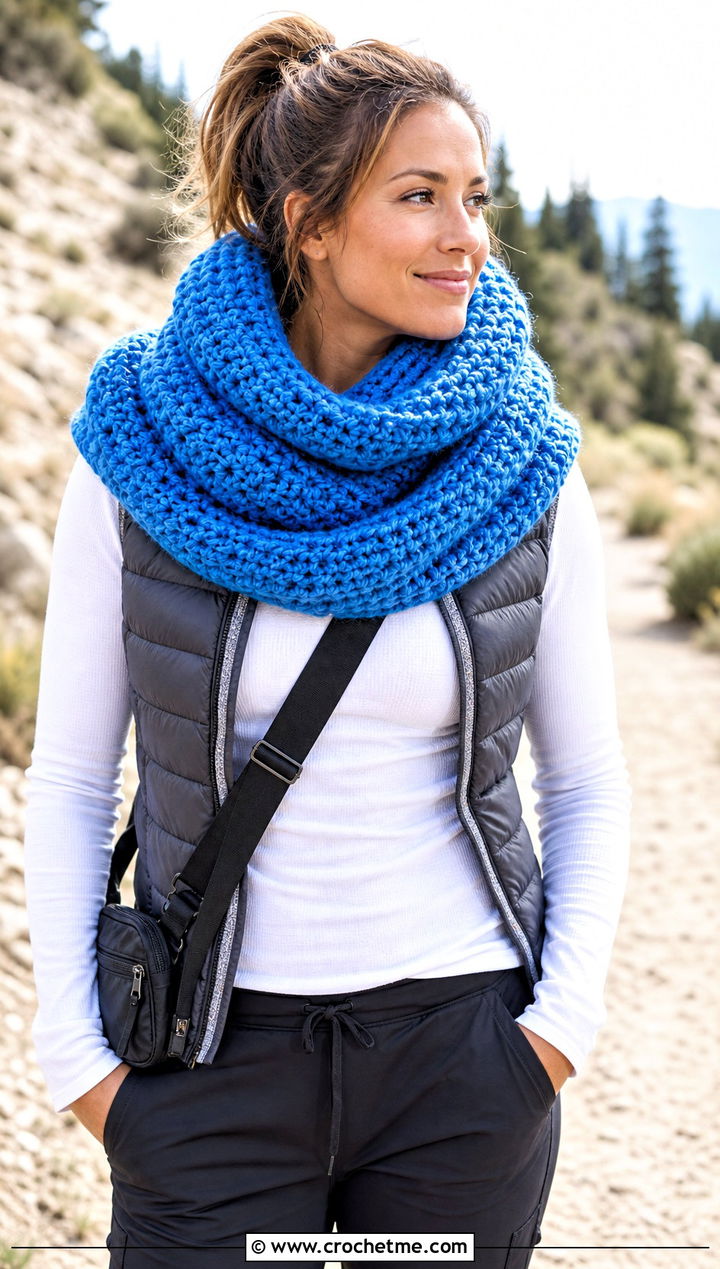 Cowl Neck Chunky Shawl With Puffer Vest - 25 Crochet Chunky Shawl outfit ideas