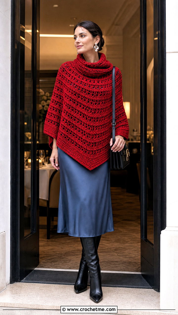 Cowl Neck Circular Poncho With Slip Dress - 25 Crochet Circular Poncho outfit ideas