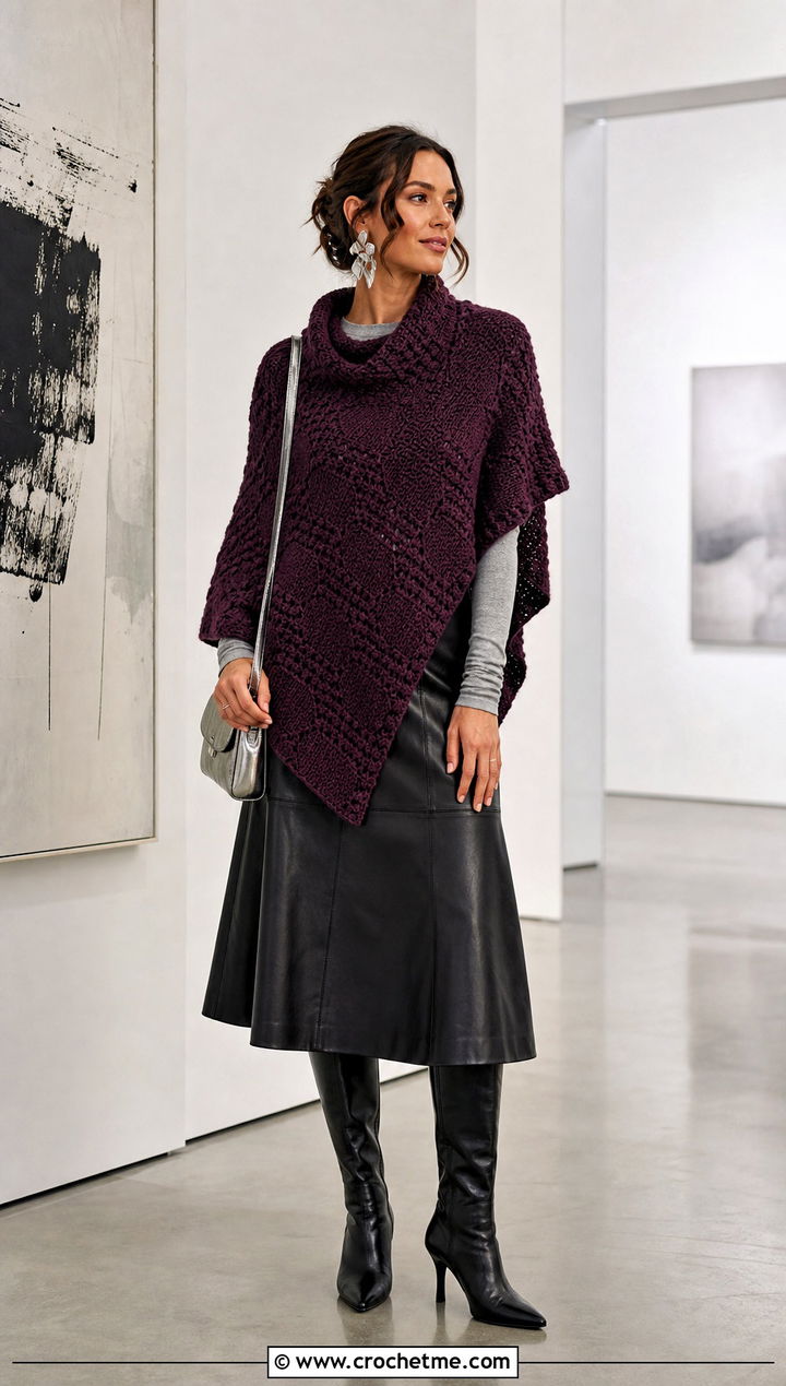 Cowl Neck Corner To Corner Crochet Poncho With Leather Midi Skirt - 15 Corner To Corner Crochet Poncho outfit ideas