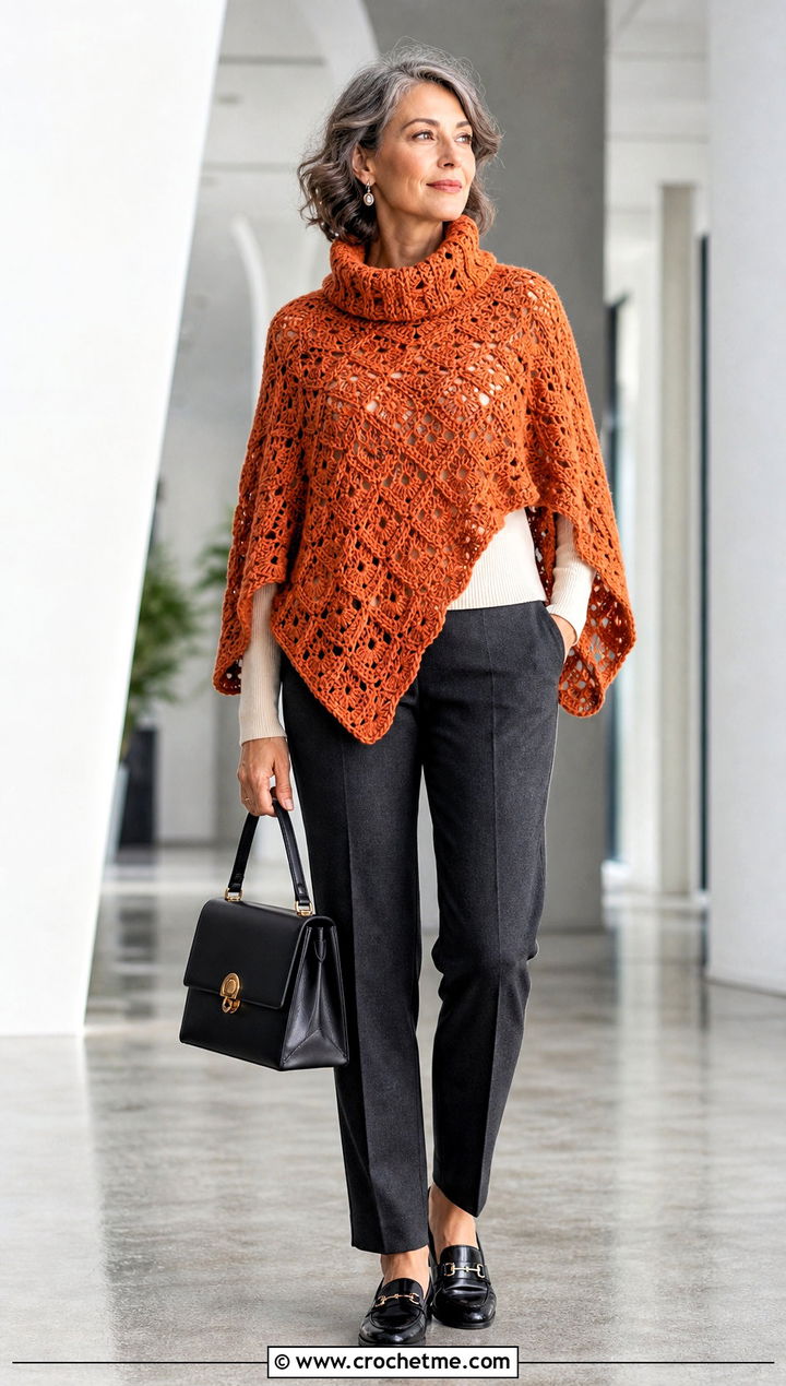Cowl Neck Crochet Boho Poncho With Tailored Trousers - 30 crochet boho poncho outfit ideas
