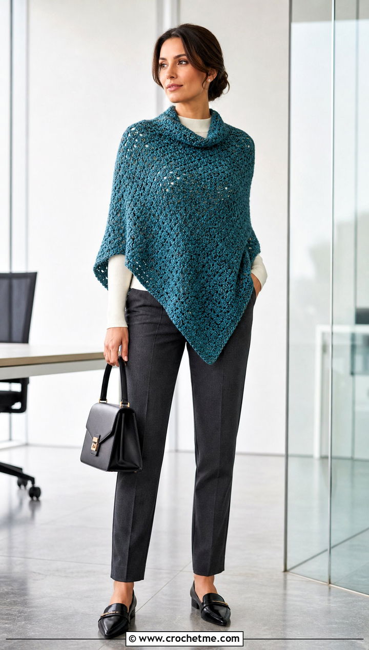 Cowl Neck Crochet Cape Poncho With Tailored Trousers - 20 crochet poncho for women outfit ideas