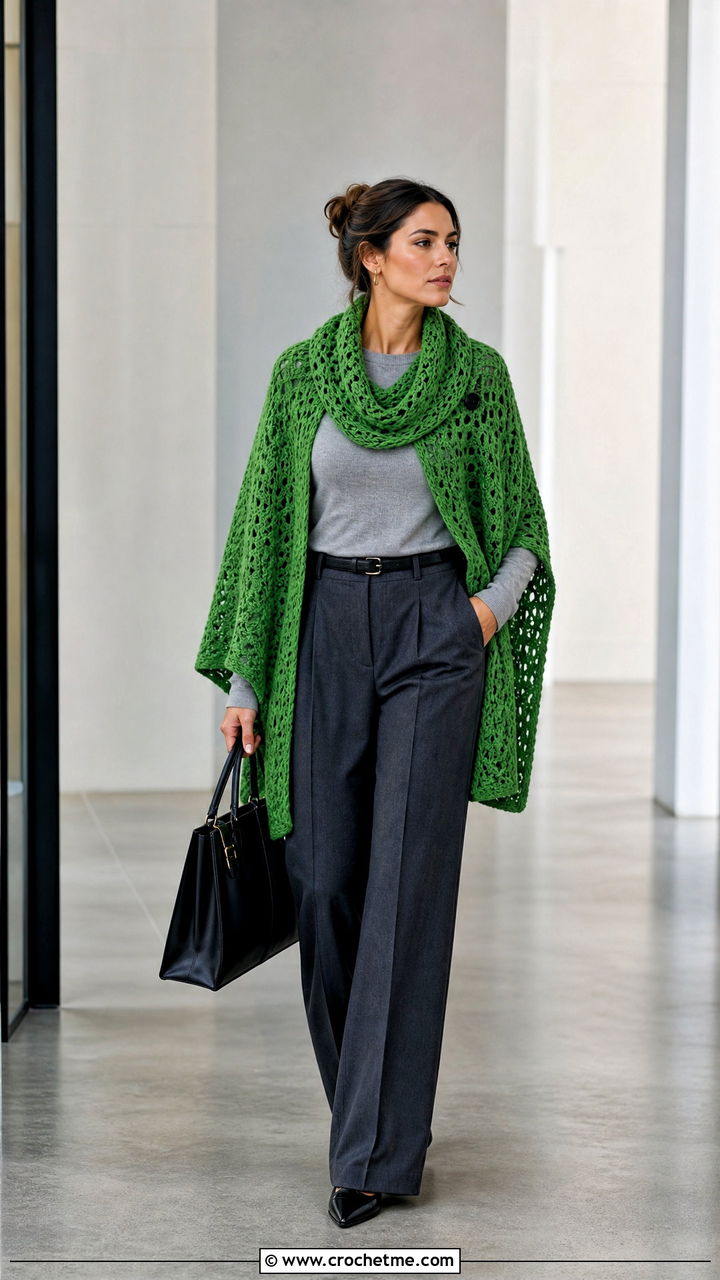 Cowl Neck Crochet Cape With Wide Leg Trousers - 35 crochet cape outfit ideas