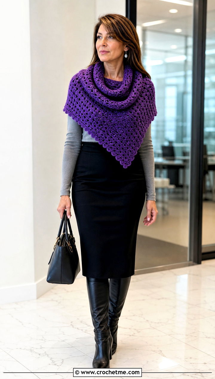 Cowl Neck Crochet Capelet Shawl With Pencil Skirt - 30 crochet caplet shawl outfit ideas