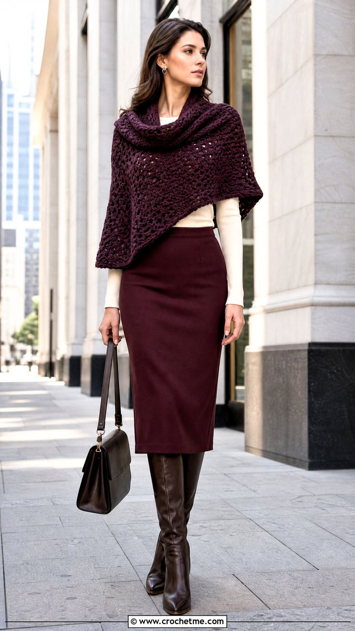 Cowl Neck Crochet Capelet With Pencil Skirt - 35 crochet capelet outfit ideas