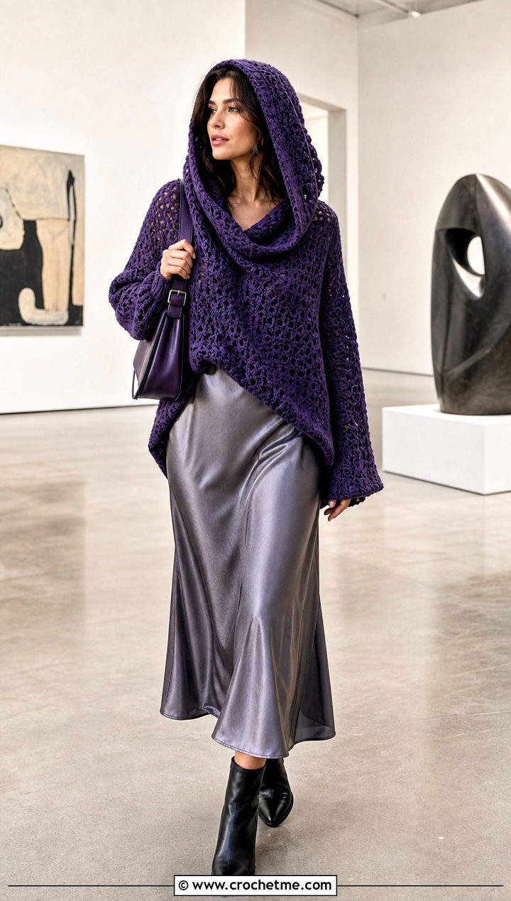 Cowl Neck Crochet Hooded Sweater With Slip Dress - 30 crochet hooded sweater outfit ideas
