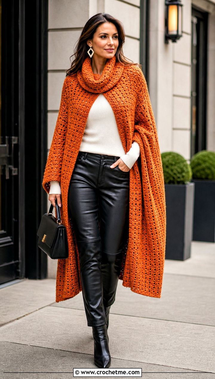 Cowl Neck Crochet Long Poncho With Leather Pants - 15 Crochet Long Poncho outfit ideas