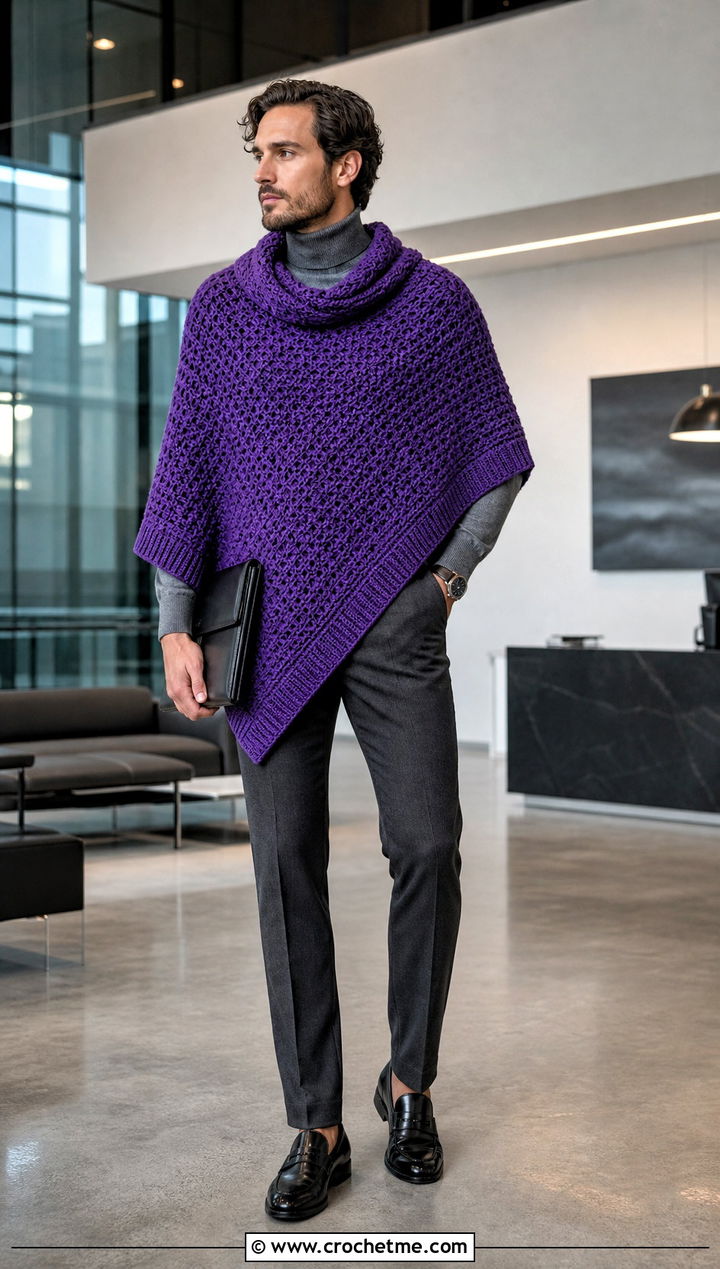 Cowl Neck Crochet Mens Poncho With Tailored Trousers - 25 crochet men's poncho outfit ideas