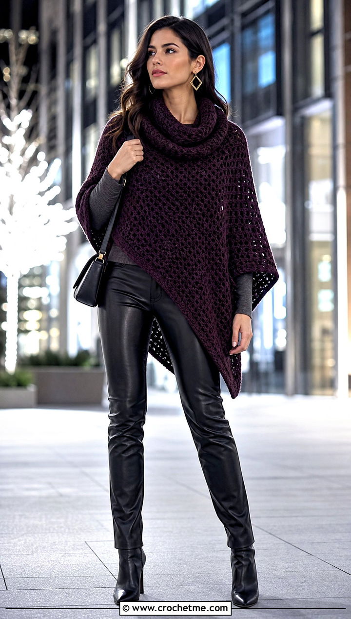 Cowl Neck Crochet Poncho Shawl With Leather Pants - 20 crochet poncho shawl outfit ideas
