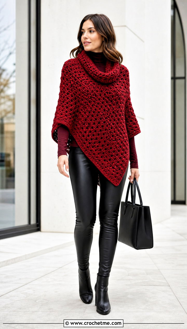 Cowl Neck Crochet Poncho Top With Faux Leather Leggings - 25 Crochet Poncho Top outfit ideas