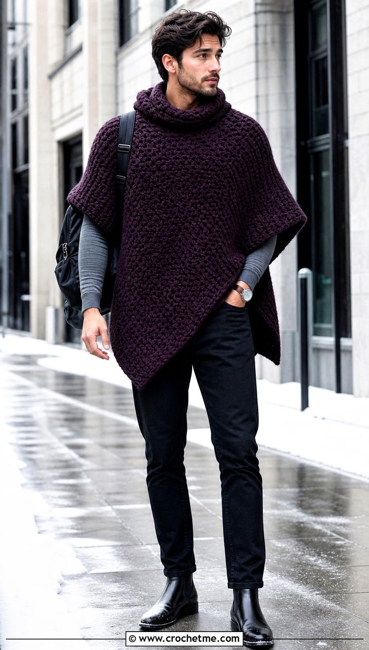 Cowl Neck Crochet Poncho With Black Jeans - 25 mens crochet poncho outfit ideas