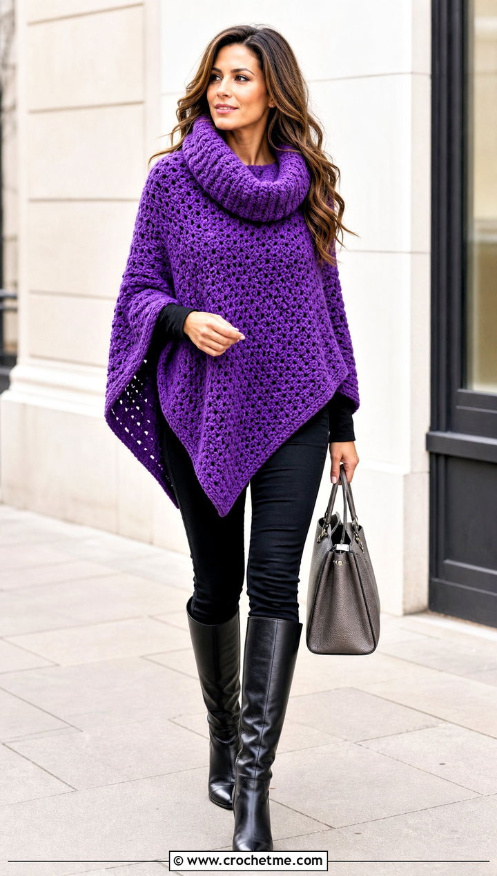 Cowl Neck Crochet Poncho With Black Skinny Jeans - 30 woman winter crochet poncho outfit ideas