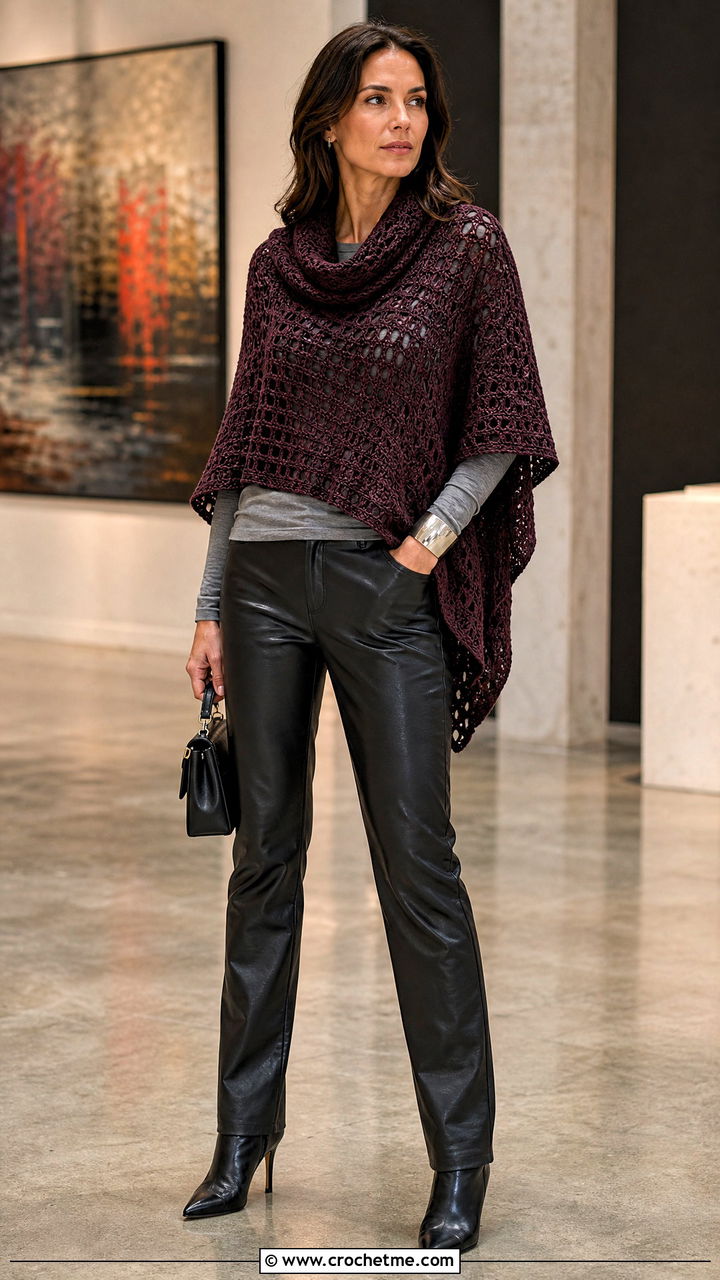 Cowl Neck Crochet Poncho With Faux Leather Pants - 35 easy crochet poncho woman outfit ideas