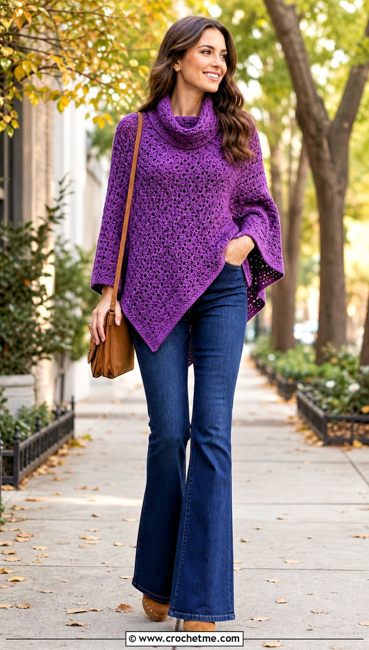 Cowl Neck Crochet Poncho With Flared Jeans - 20 Easy Crochet Poncho For Beginners outfit ideas