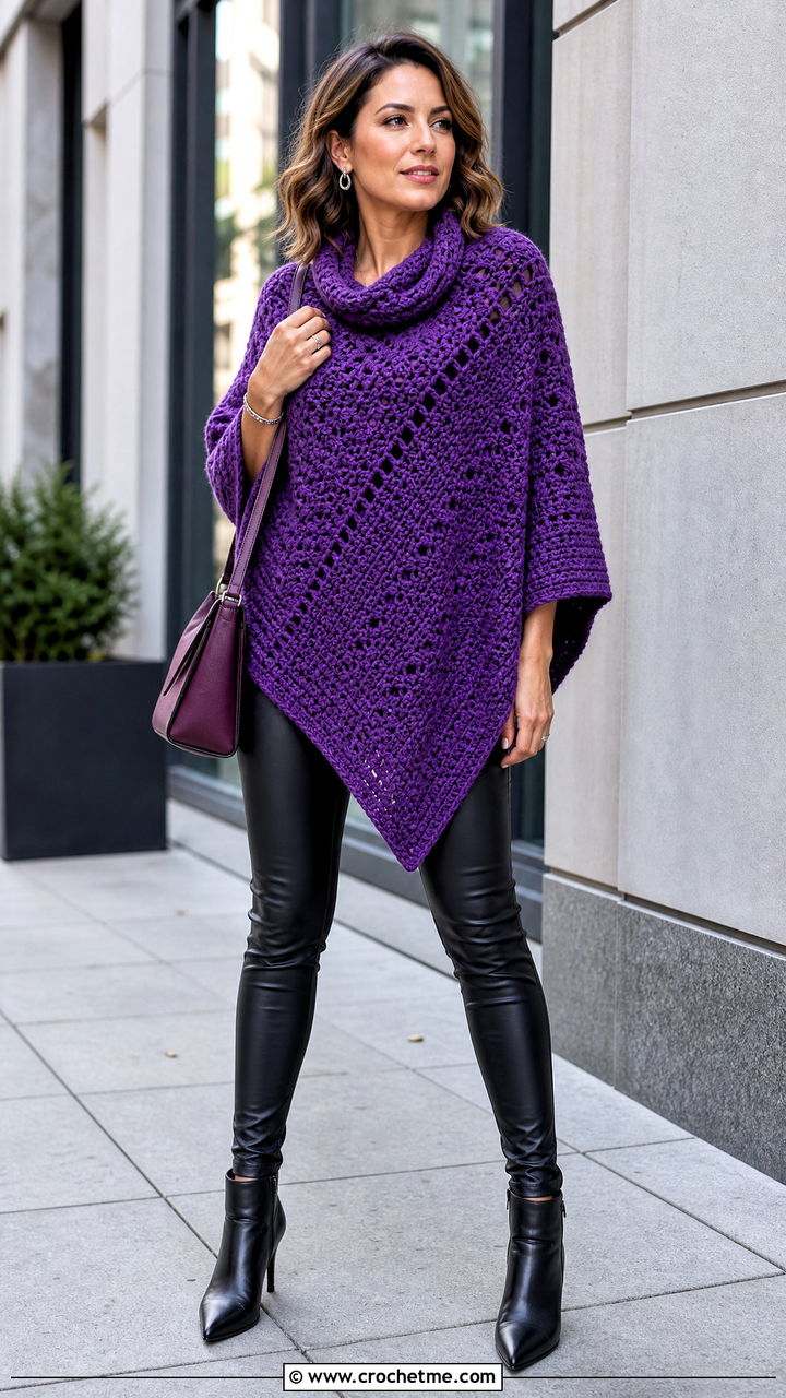 Cowl Neck Crochet Poncho With Leather Leggings - 35 crochet poncho woman outfit ideas