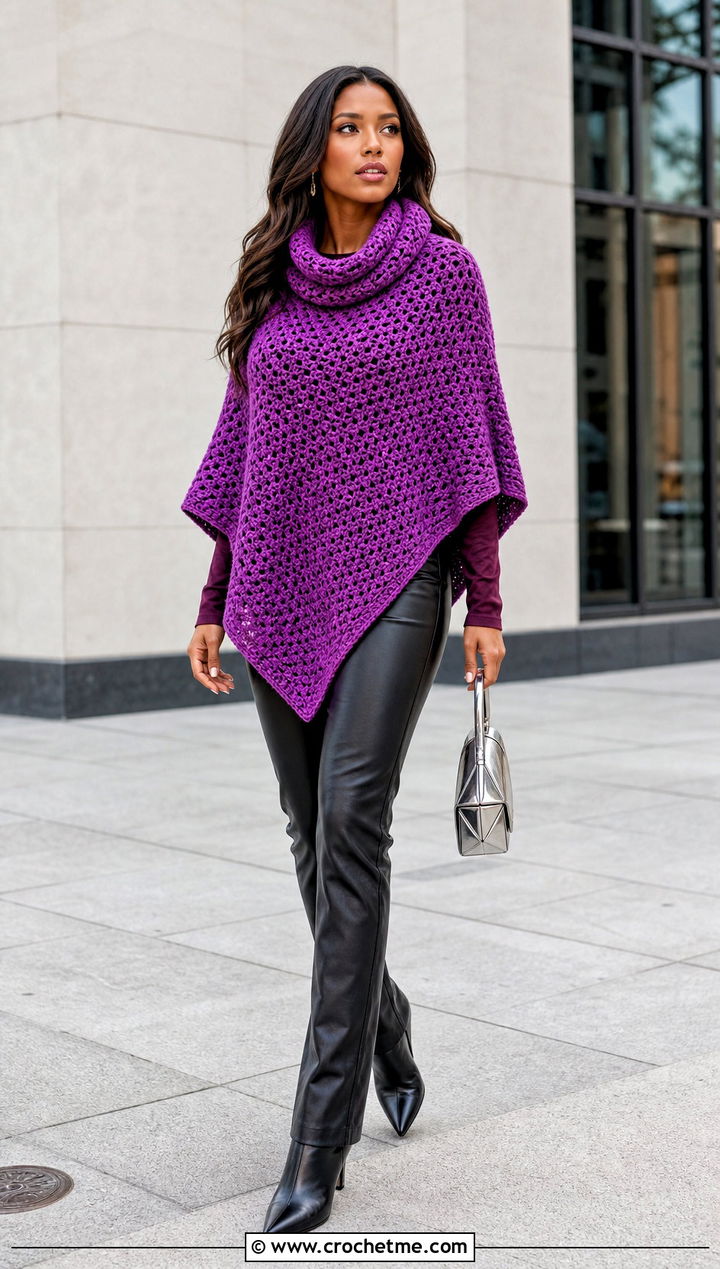 Cowl Neck Crochet Poncho With Leather Pants - 15 Modern Crochet Poncho outfit ideas