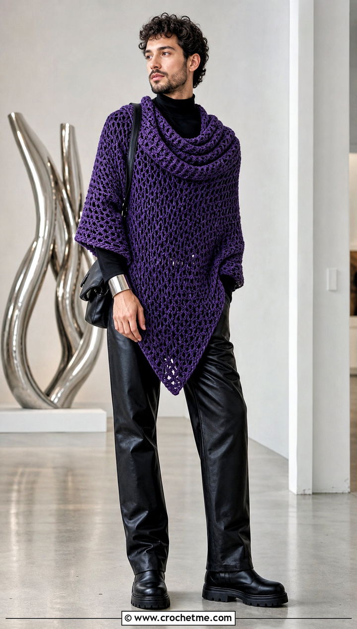 Cowl Neck Crochet Poncho With Leather Pants - 30 men crochet poncho outfit ideas