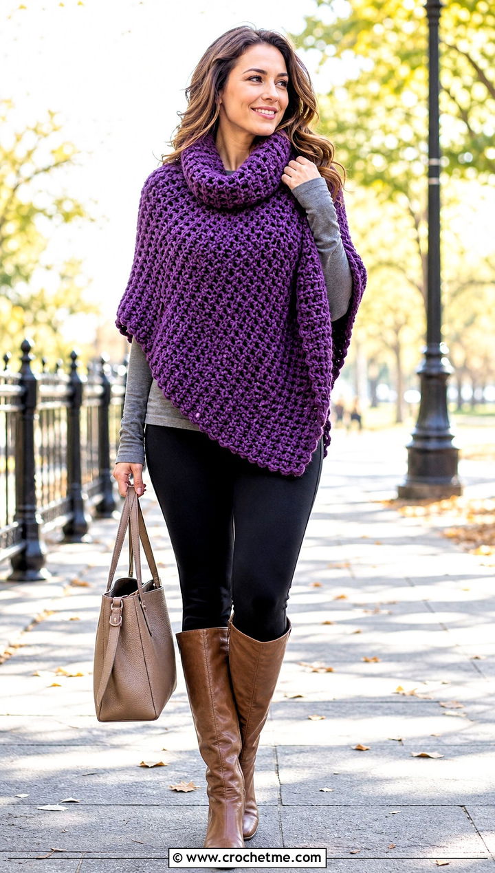 Cowl Neck Crochet Poncho With Leggings And Boots - 15 Easy Crochet Ponchos outfit ideas