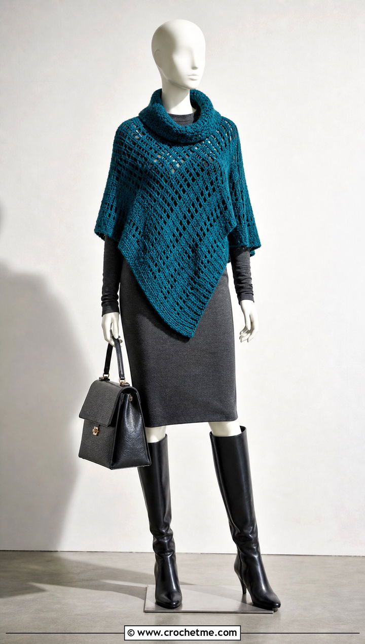 Cowl Neck Crochet Poncho With Pencil Skirt And Boots - 15 crochet poncho on mannequin outfit ideas