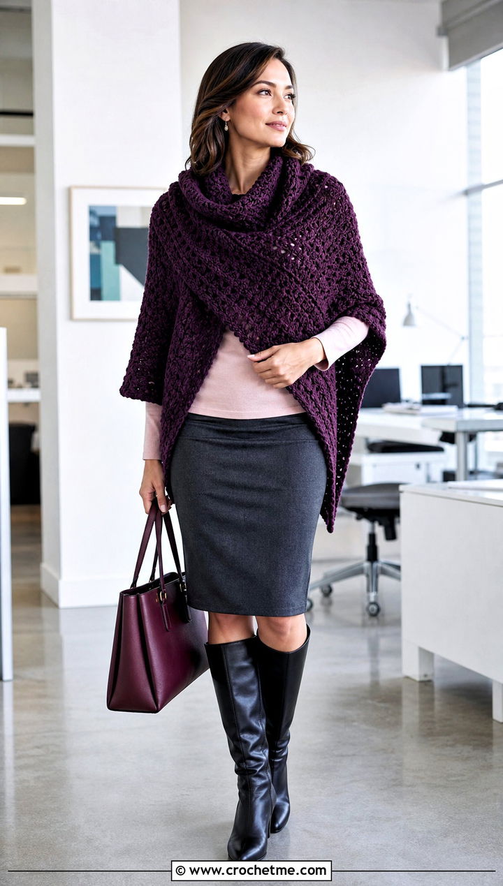 Cowl Neck Crochet Poncho With Pencil Skirt - 25 Beginner Crochet Poncho outfit ideas