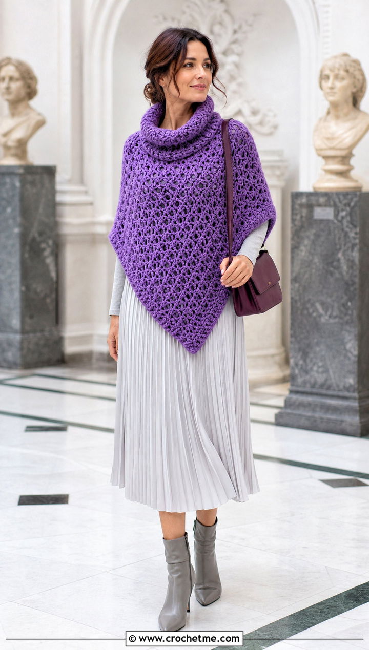 Cowl Neck Crochet Poncho With Pleated Midi Skirt - 25 Crochet For Poncho outfit ideas