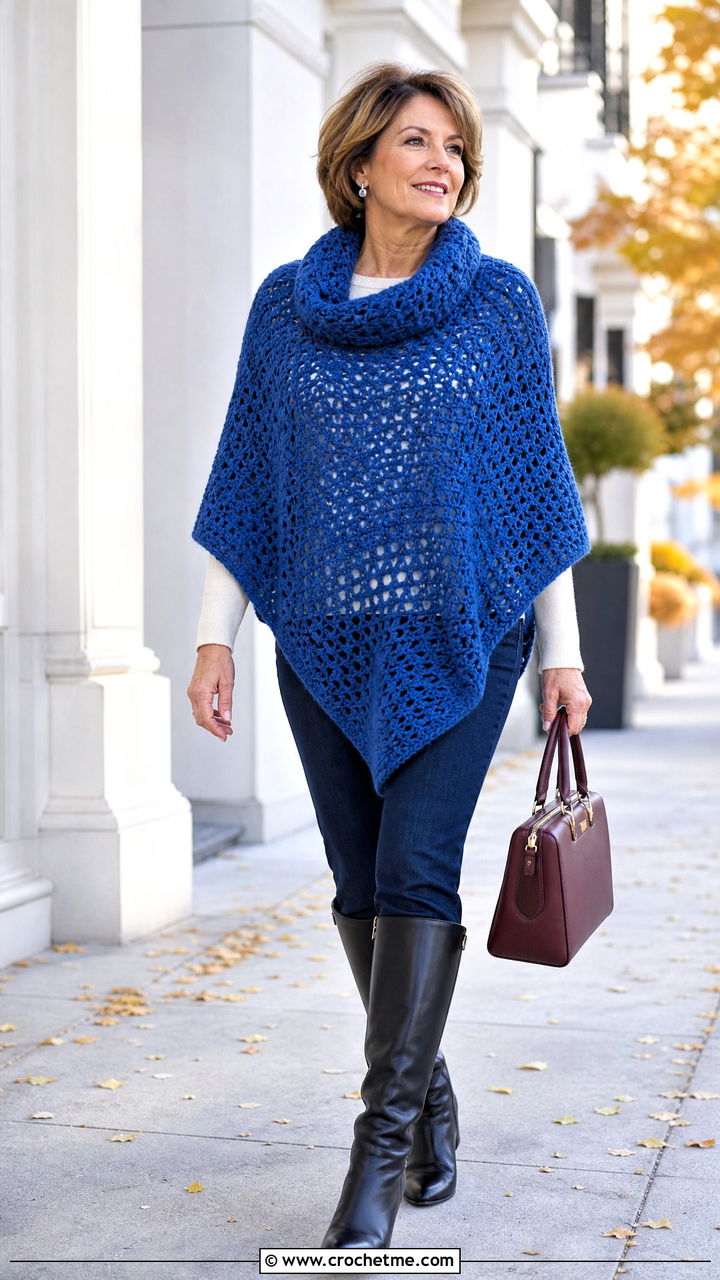 Cowl Neck Crochet Poncho With Slim Jeans - 35 easy crochet poncho outfit ideas