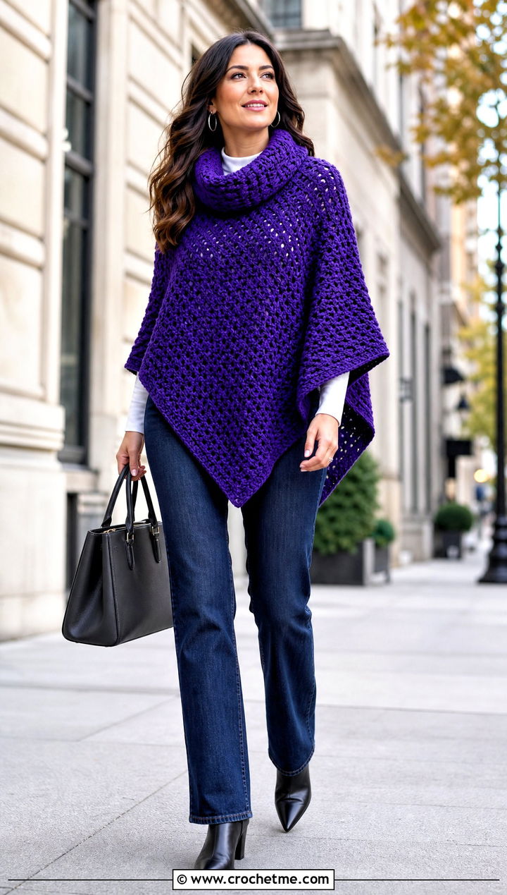Cowl Neck Crochet Poncho With Straight Leg Jeans - 20 Crochet Fall Poncho outfit ideas