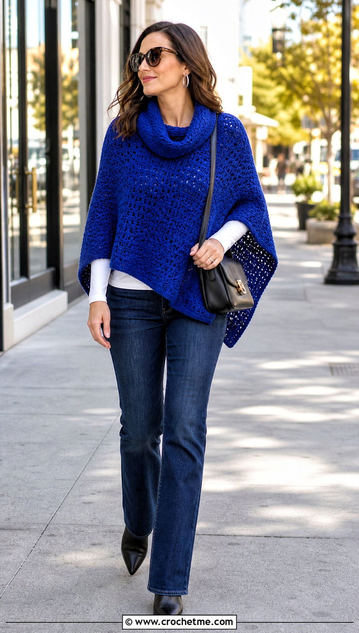Cowl Neck Crochet Poncho With Straight Leg Jeans - 25 Crochet Poncho With Collar outfit ideas