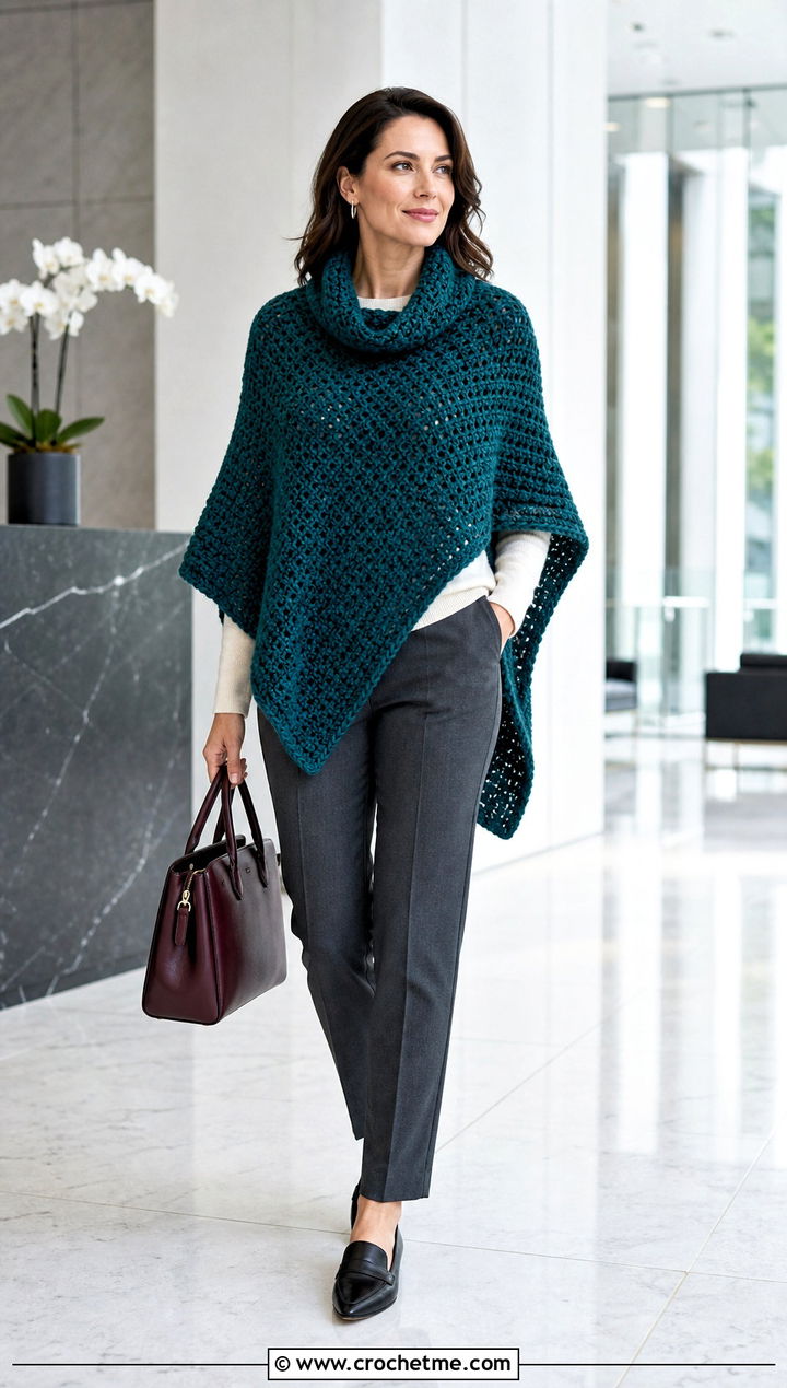 Cowl Neck Crochet Poncho With Tailored Trousers - 25 Easy Simple Crochet Poncho outfit ideas