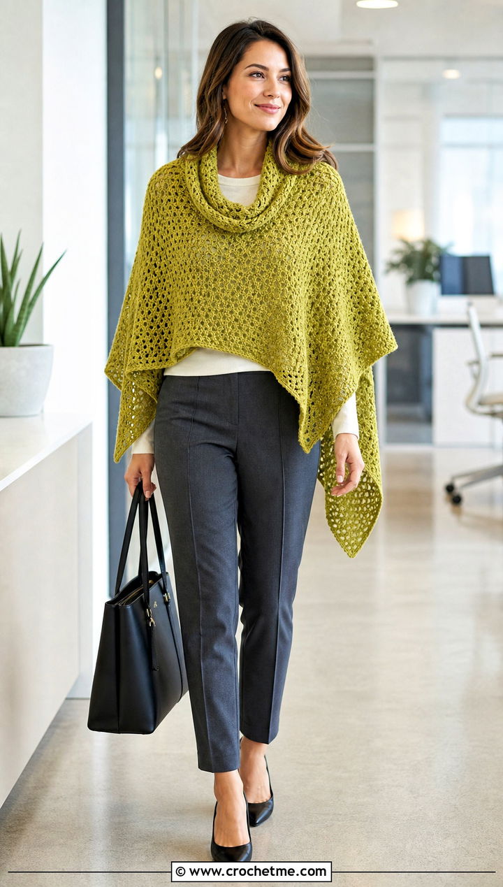 Cowl Neck Crochet Poncho With Tailored Trousers - 25 ladies crochet poncho outfit ideas