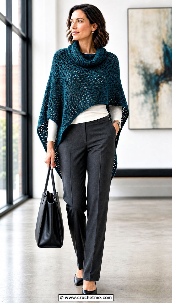 Cowl Neck Crochet Poncho With Tailored Trousers - 25 Simple Crochet Poncho outfit ideas