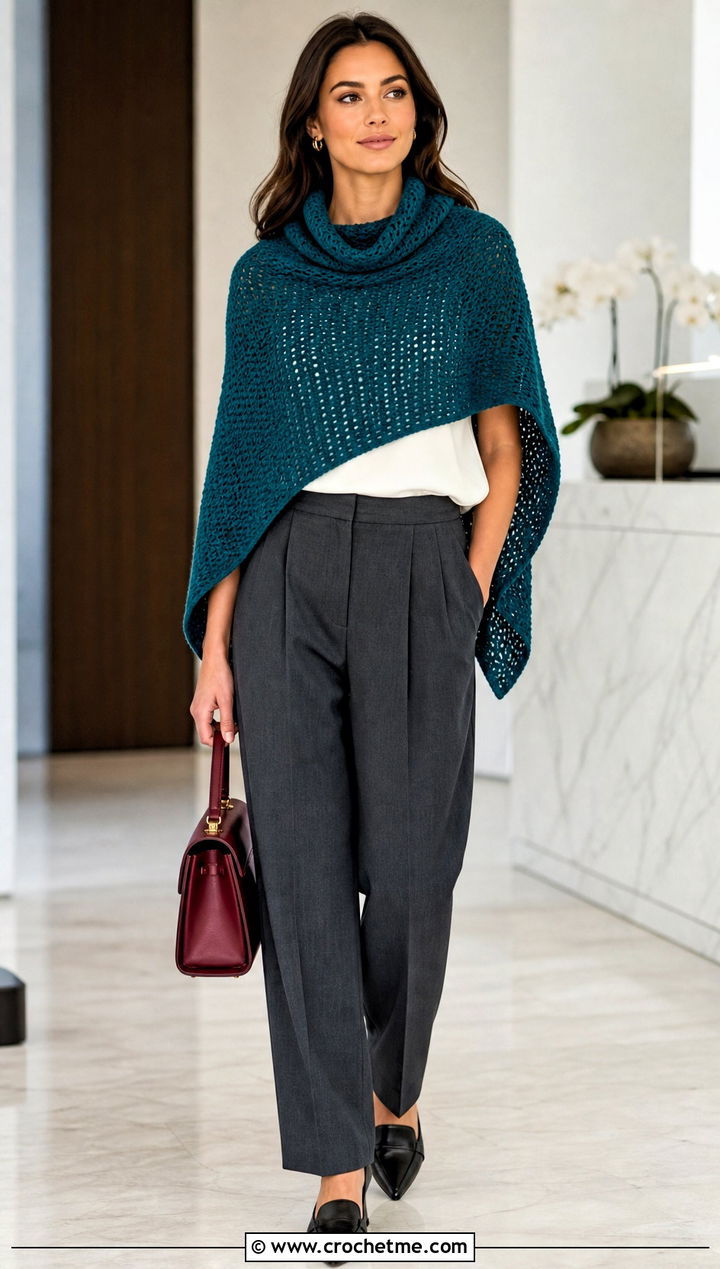 Cowl Neck Crochet Poncho With Tailored Trousers - 15 Crochet Womens Poncho outfit ideas