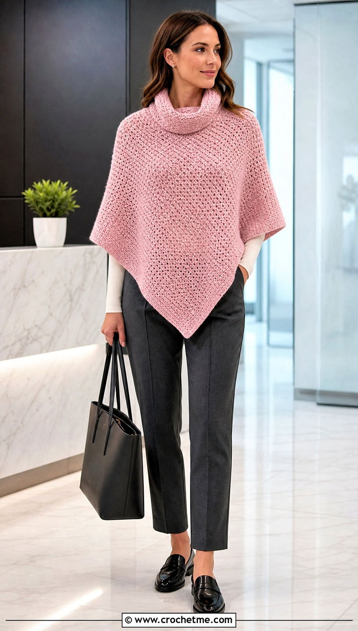 Cowl Neck Crochet Poncho With Tailored Trousers - 15 Crocheted Poncho outfit ideas