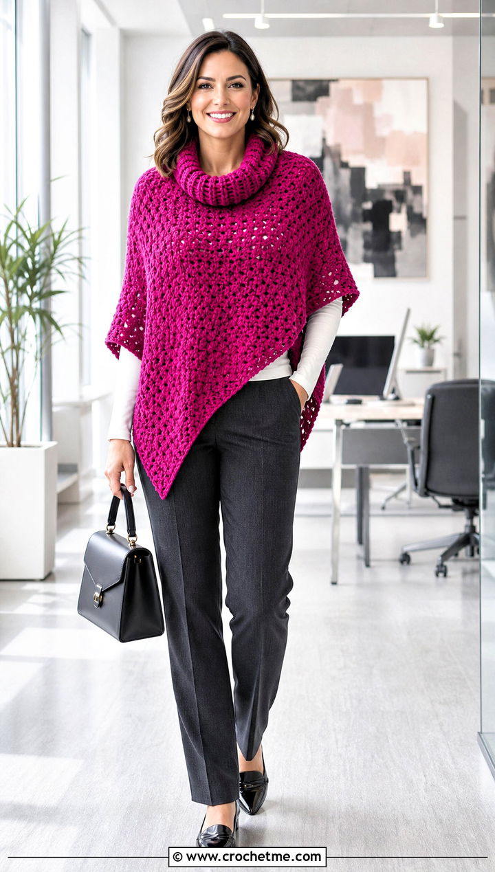 Cowl Neck Crochet Poncho With Tailored Trousers - 15 Quick Crochet Poncho outfit ideas