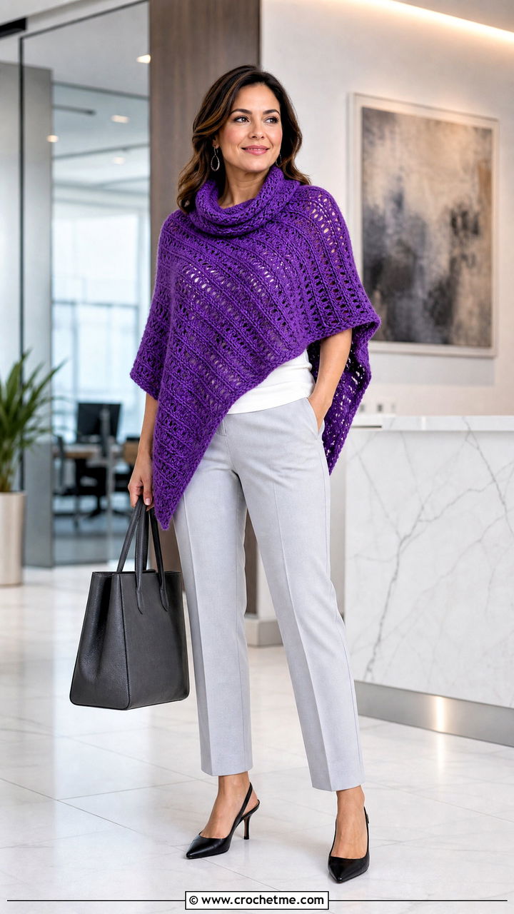 Cowl Neck Crochet Poncho With Tailored Trousers - 35 crochet ponchos outfit ideas