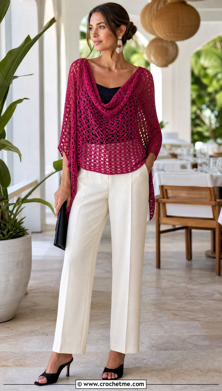 Cowl Neck Crochet Summer Poncho With Tailored Trousers - 35 crochet summer poncho outfit ideas
